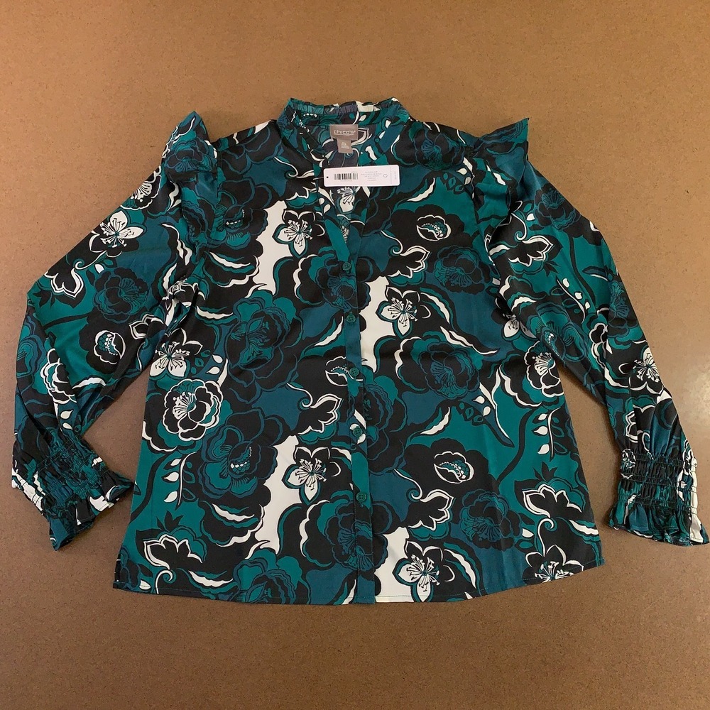 Chicos Womens Size 0 US Small‎ Emerald 3/4 Sleeve Ruffle Notch Neck Blouse NWT